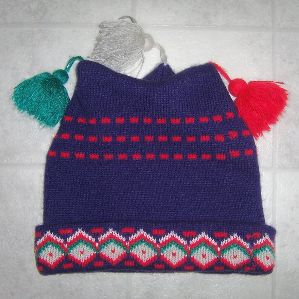 Vintage 90s Girls Knit Hat Beanie with tassels Youth Age 7+
